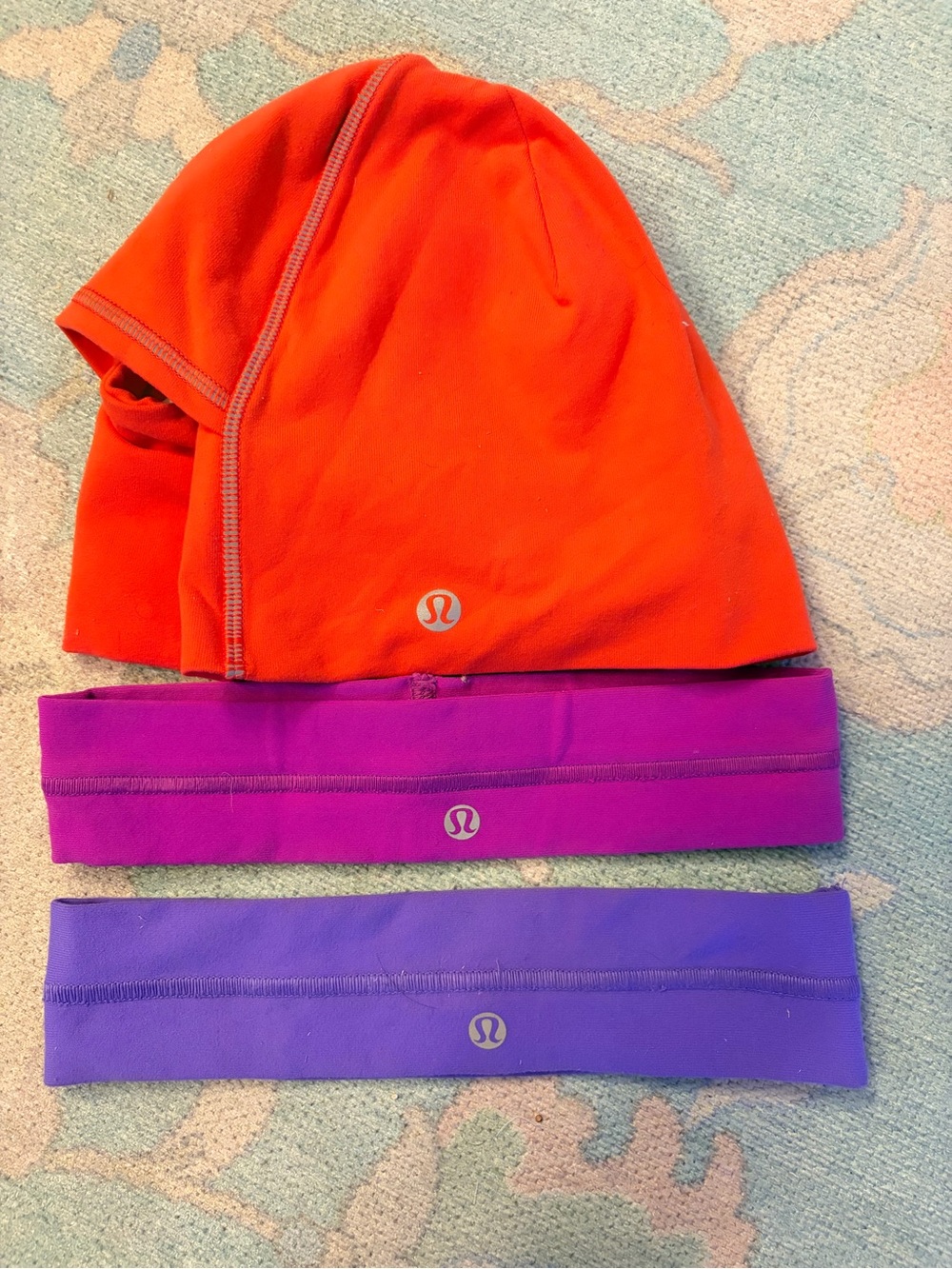Lululemon Bright Orange ponytail hat + Purple & Violet Headbands
